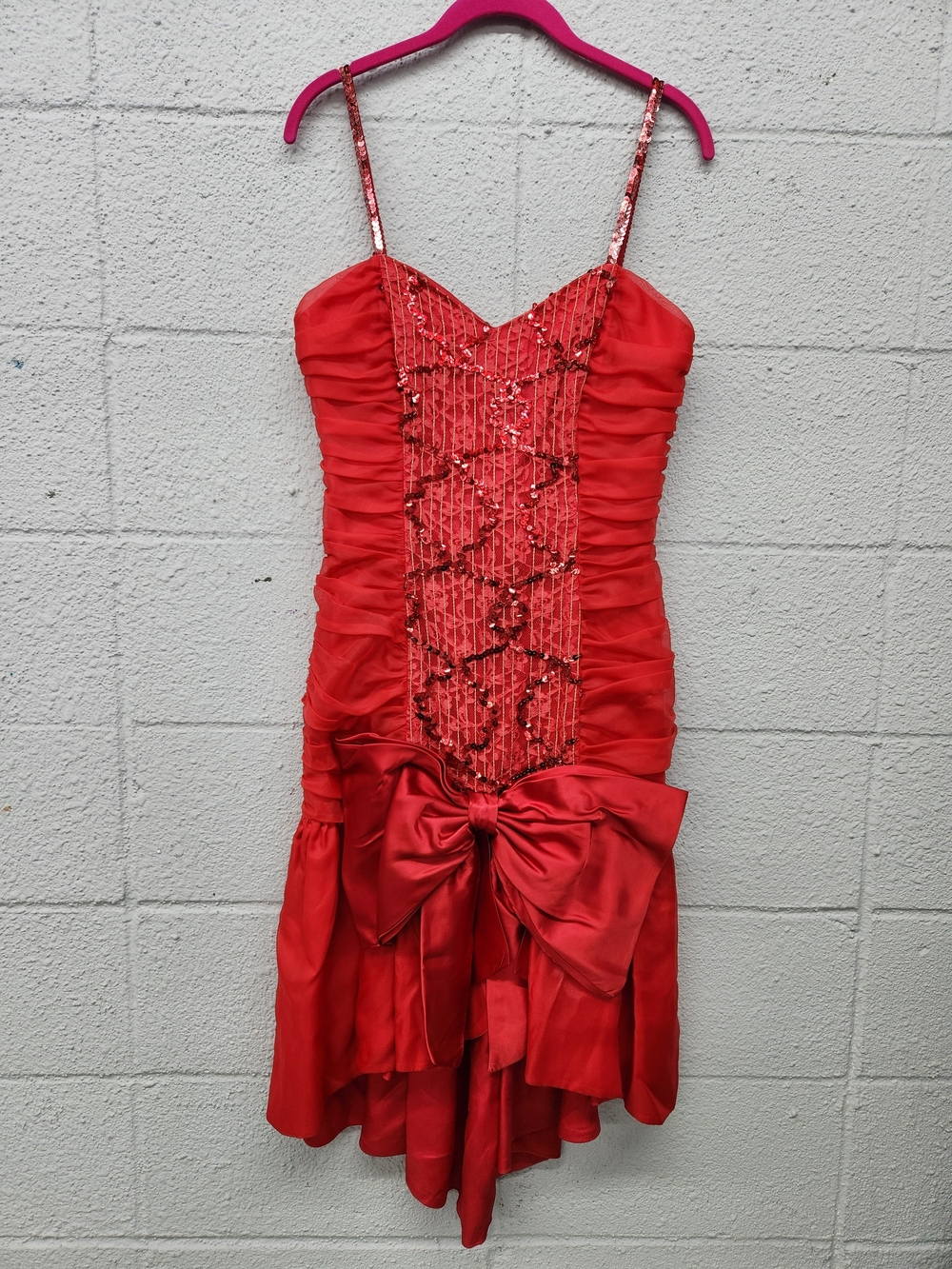 Red Sequin-Embellished Prom Dress with Statement Bow